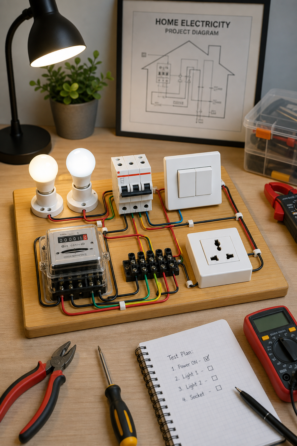 Professional lifestyle image of a compact home electricity project setup on a clean workbench