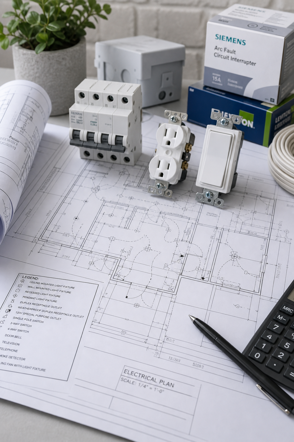 Detailed product lifestyle photo of printed blueprints and electrical components on a clean table