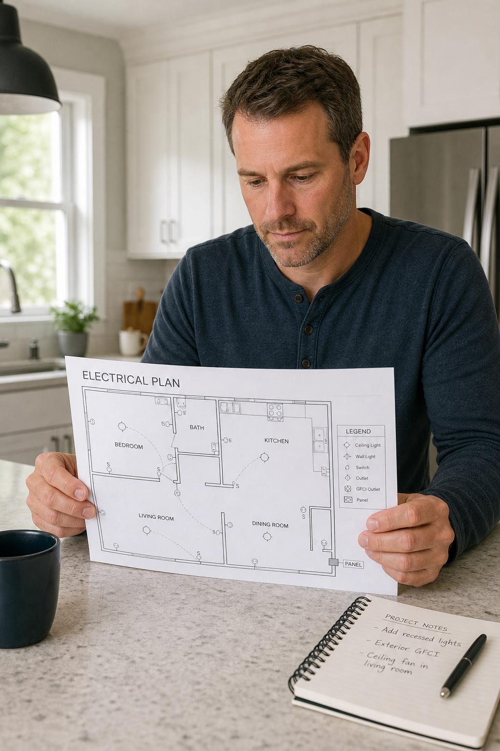 Homeowner reviewing a simple electricity blueprint at a kitchen counter