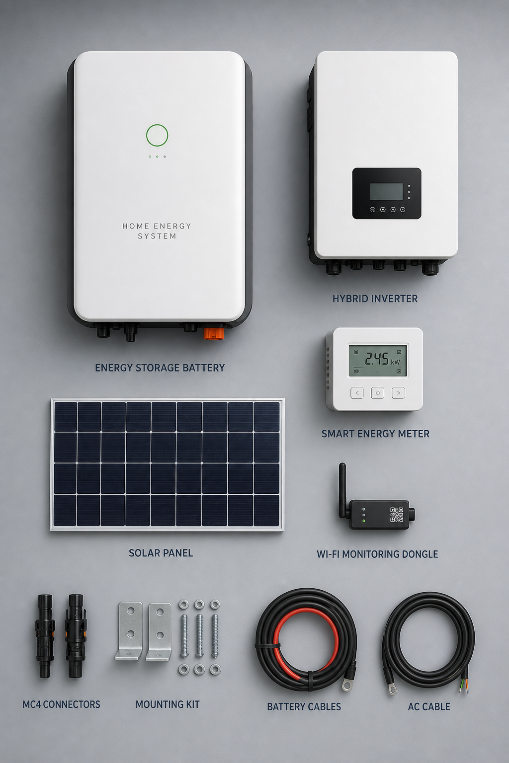 Compact home energy device components arranged neatly on a professional background