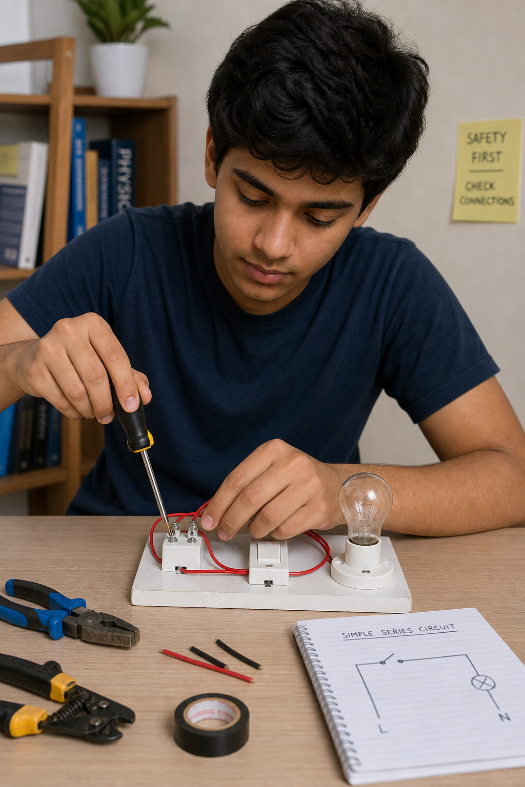 Person assembling a small household electricity project with basic tools