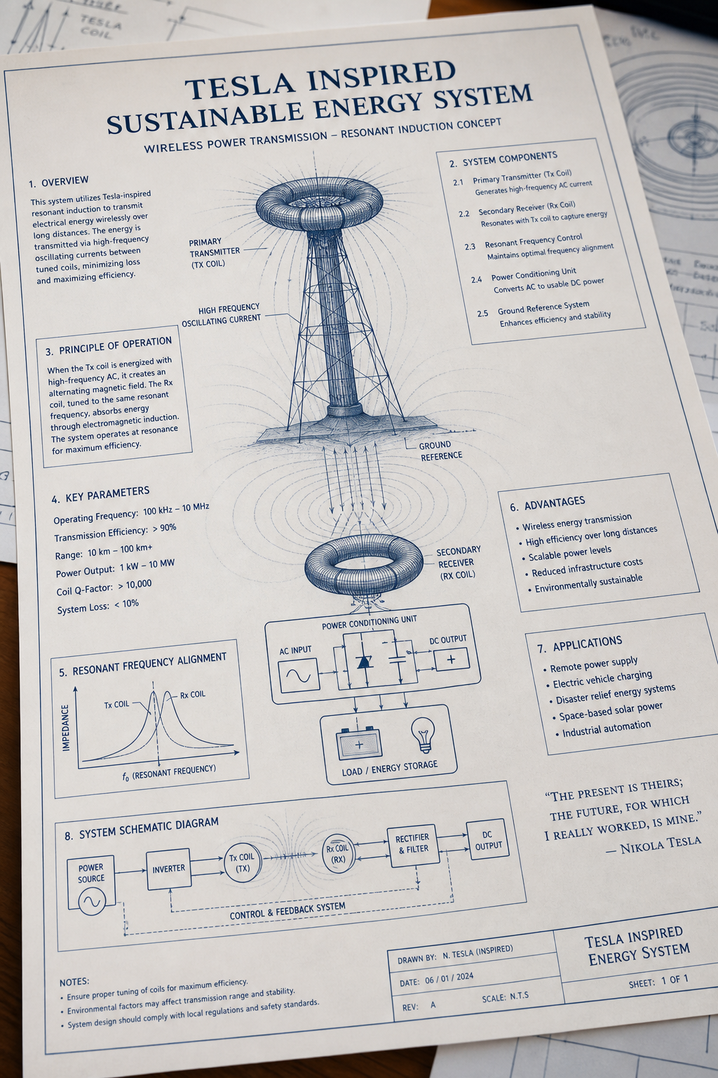 Professional close-up of blueprint pages explaining a Tesla-inspired energy concept
