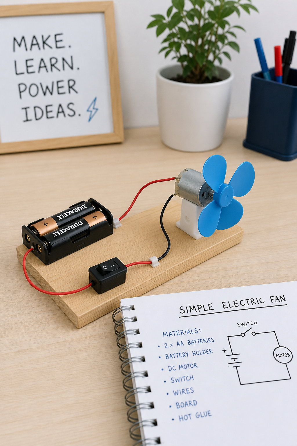 Clean lifestyle scene showing a simple DIY-style electricity project in a bright workspace